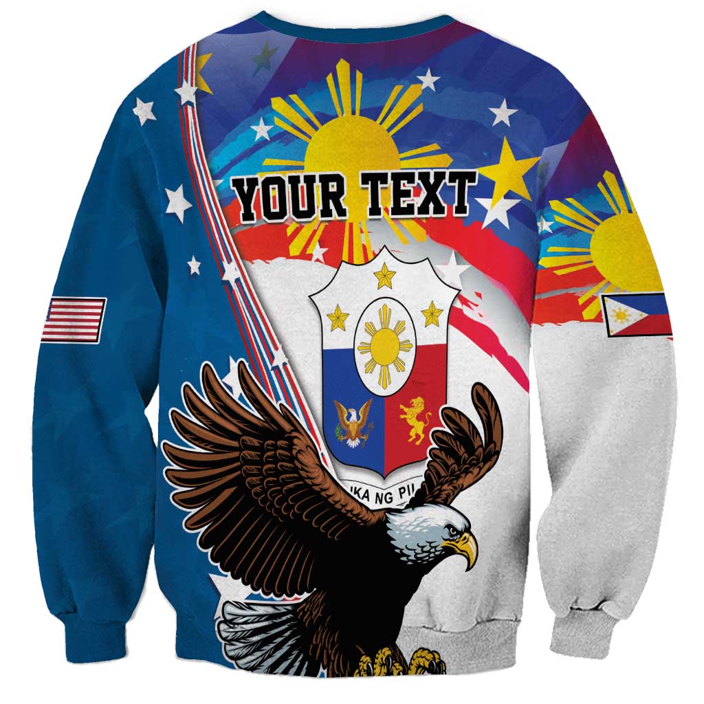 Unisex blue/gray sweatshirt with eagle and sun rays over stars; includes 'YOUR TEXT'.