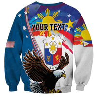 Unisex blue/gray sweatshirt with eagle and sun rays over stars; includes 'YOUR TEXT'.
