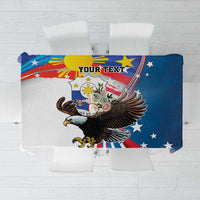 Personalized blue tablecloth with eagle and sun graphic, star and stripe accents