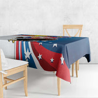 Blue personalized tablecloth with eagle, sun motif, and red star stripe panels