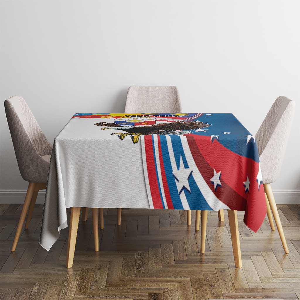 Personalized blue tablecloth on dining table with eagle sun, stars, and striped accents
