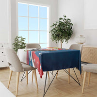 Personalized blue tablecloth on a dining table with eagle sun and star stripe design