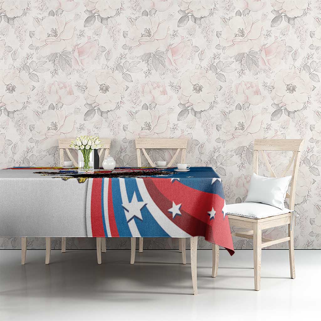 Blue personalized tablecloth with eagle and sun artwork and red star stripe bands
