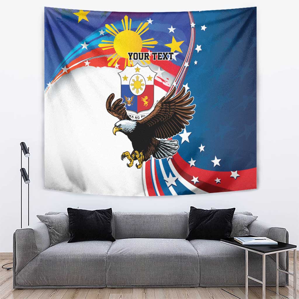 Blue wall tapestry with eight-rayed sun, bald eagle, stars, and banner text area