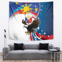 Blue wall tapestry with eight-rayed sun, bald eagle, stars, and banner text area