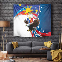 Blue tapestry showing bald eagle in front of sunburst with star accents and curved stripes
