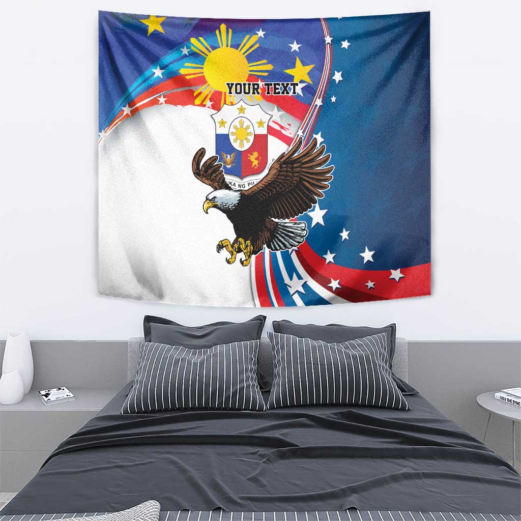 Blue tapestry with centered bald eagle and sunburst, stars, and red/white curved stripes