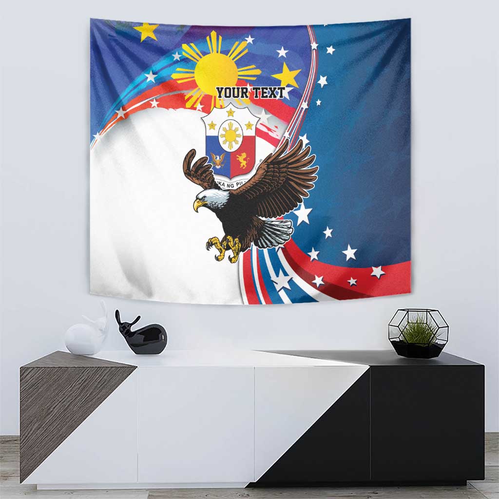 Blue wall tapestry with bald eagle portrait over sunburst and starry flag stripes