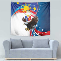 Blue tapestry featuring bald eagle and eight-rayed sunburst with star details