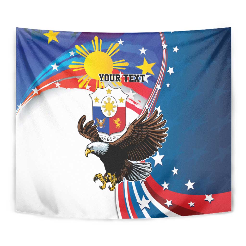 Close-up blue tapestry with eight-rayed sun and bald eagle emblem, starry border