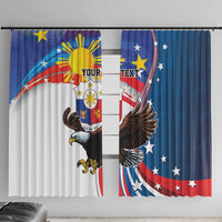 Blue window curtain panels with eagle, stars, and colorful flag center graphic