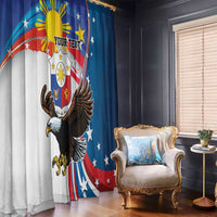 Blue window curtain panels with eagle wings and sun rays patriotic flag artwork