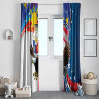 Blue window curtain panels with eagle and sun rays patriotic flag theme