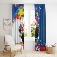 Blue window curtain panels with eagle and stars patriotic flag design