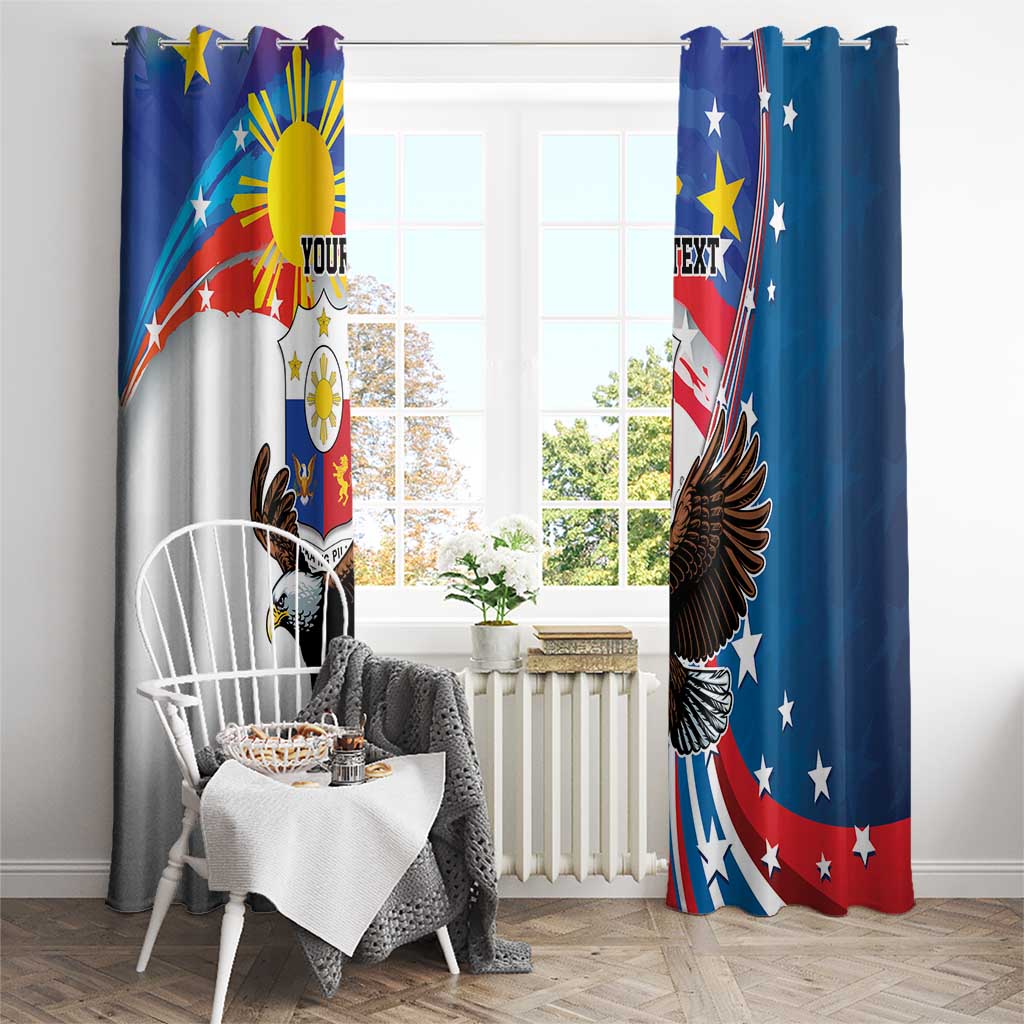 Blue window curtain set with eagle and sun rays flag artwork in window view
