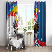 Blue window curtain set with eagle and sun rays flag artwork in window view