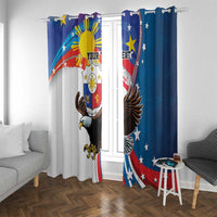 Blue window curtain panels with eagle and sun rays patriotic flag design