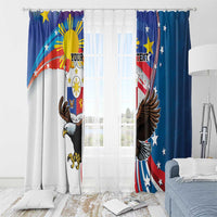Blue window curtain panels with eagle and star-spangled flag graphic