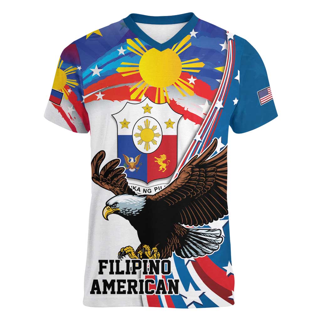 Personalized Filipino-American Women V-Neck T-Shirt The Eight-Rayed Sun with Bald Eagle