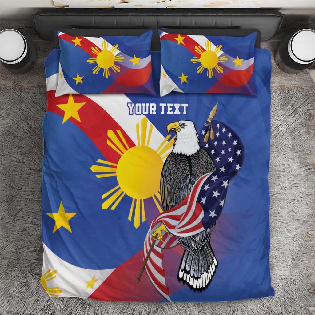 Personalized Filipino-American bedding set with blue eagle flag design and “YOUR TEXT”