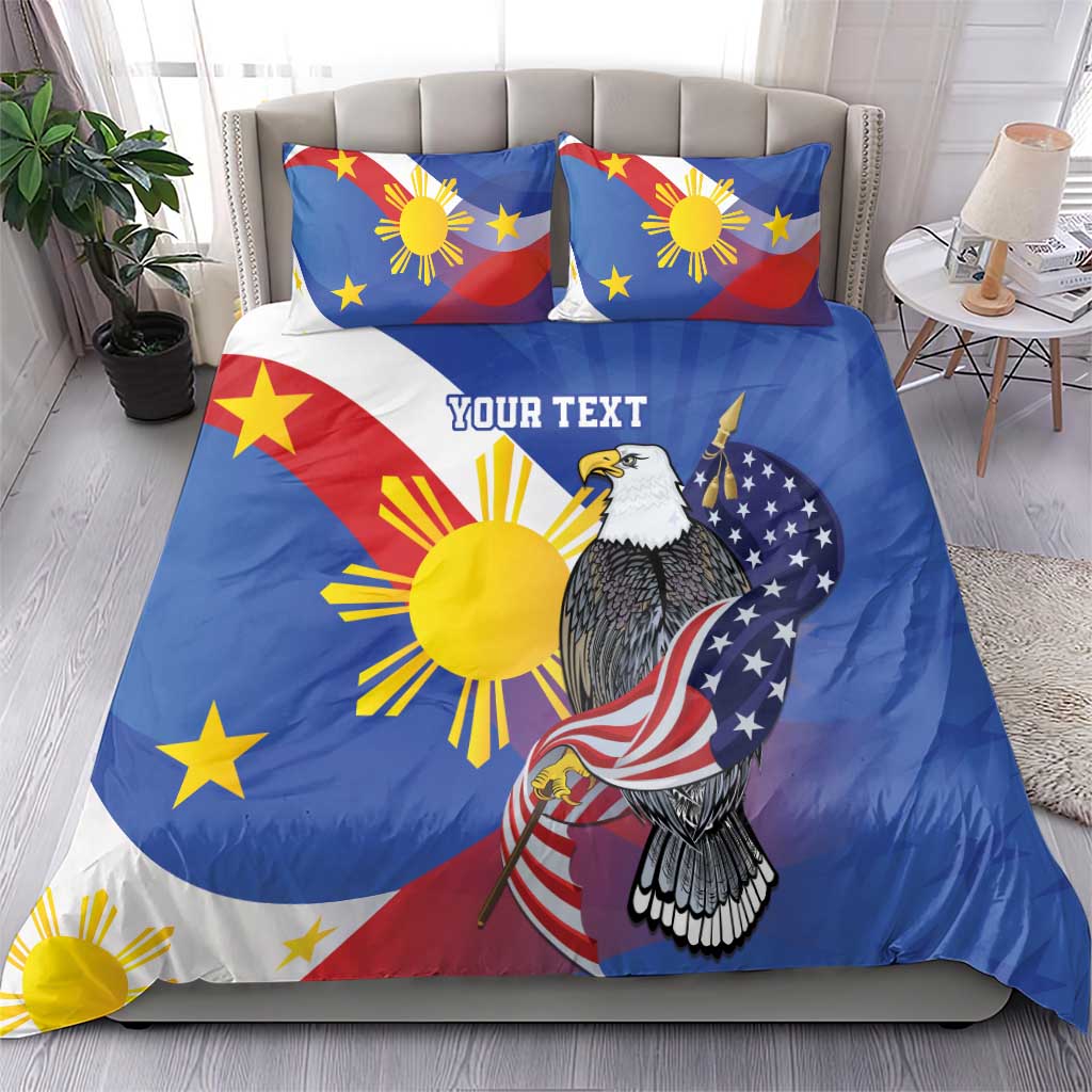 Personalized Filipino-American bedding set with eagle graphic, “YOUR TEXT,” and pillowcases