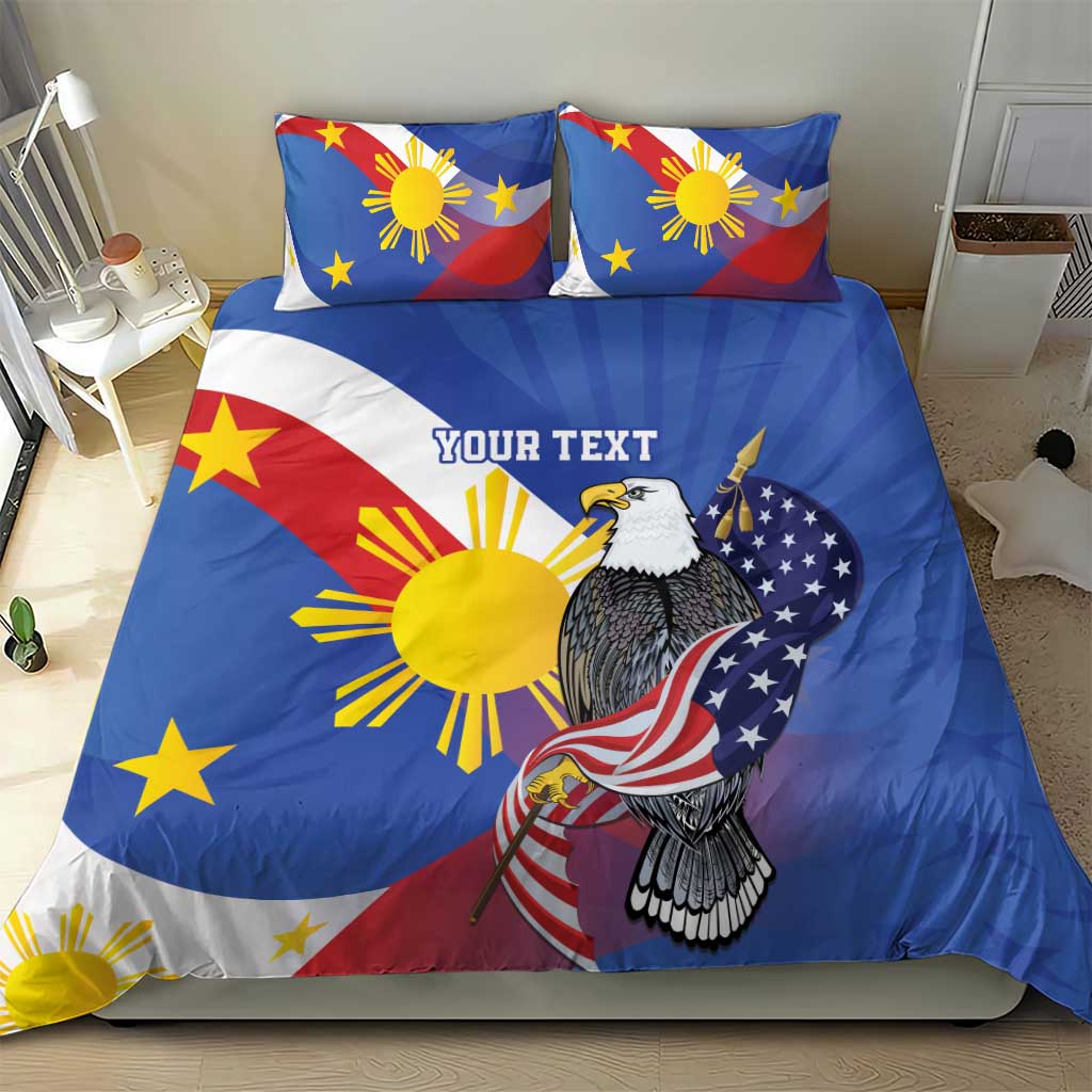 Personalized Filipino-American bedding set with two pillowcases and eagle design, “YOUR TEXT”