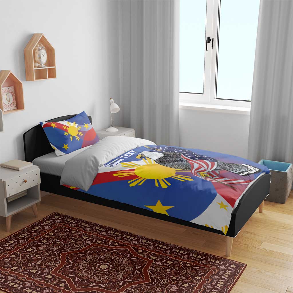 Personalized Filipino-American bedding set with blue duvet featuring eagle and “YOUR TEXT”
