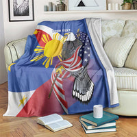 Personalized flag blanket with bald eagle and 'Your text', draped on chair