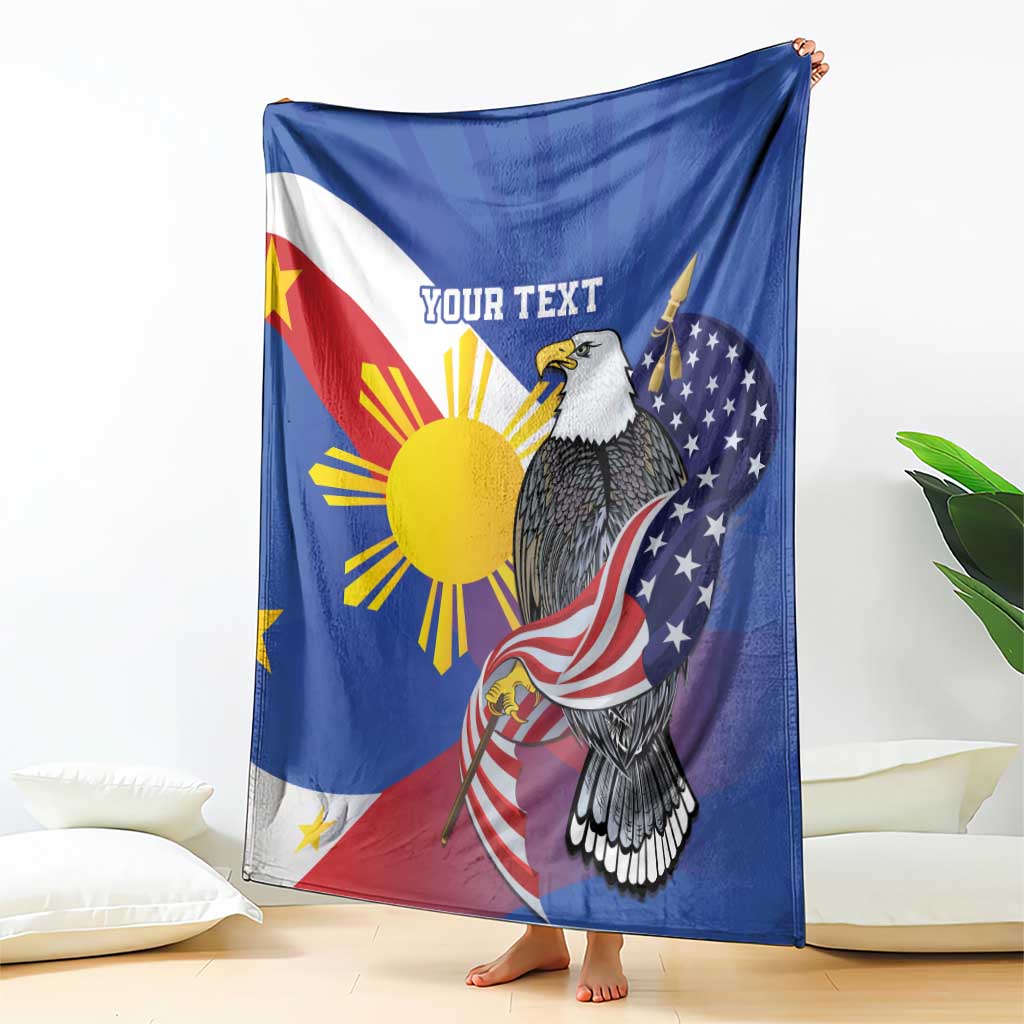 Personalized flag blanket with bald eagle and 'Your text', hanging for display
