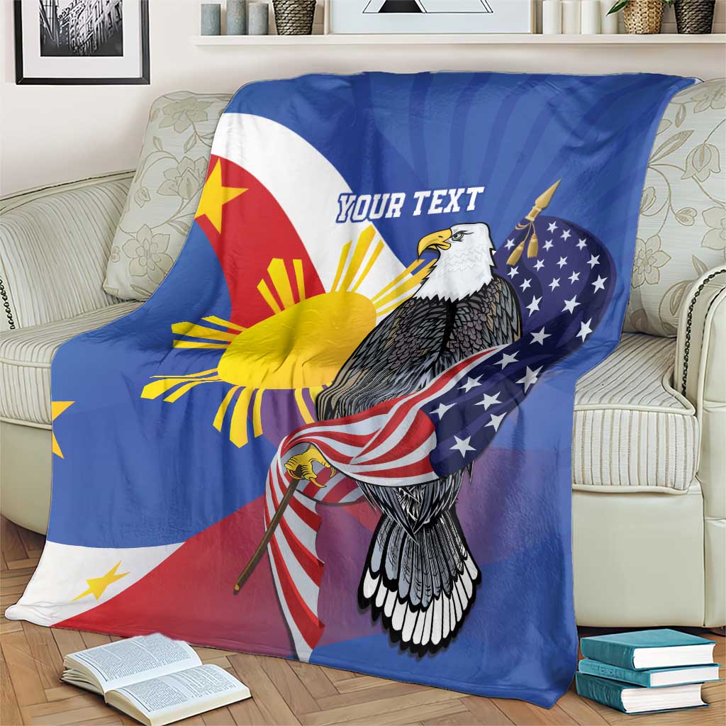 Personalized flag blanket with bald eagle and 'Your text', draped on couch