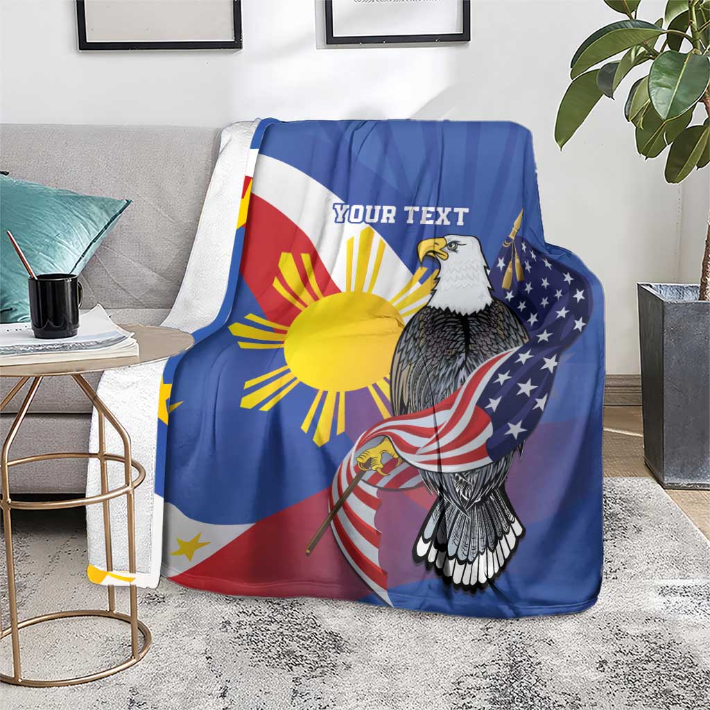 Personalized flag blanket with bald eagle and 'Your text', spread on sofa