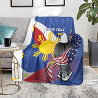 Personalized flag blanket with bald eagle and 'Your text', spread on sofa