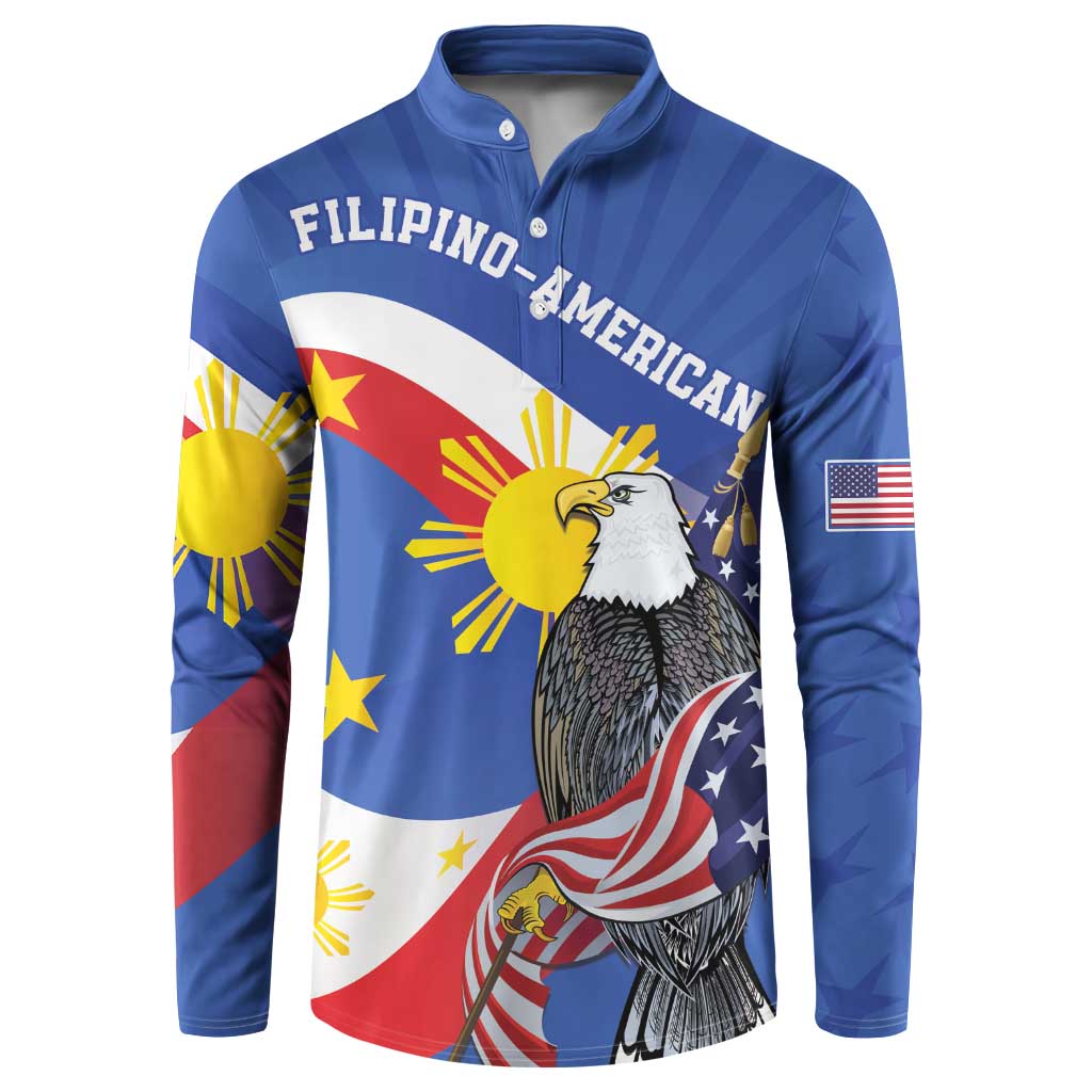Blue long-sleeve button sweatshirt with Filipino-American graphic and eagle front print