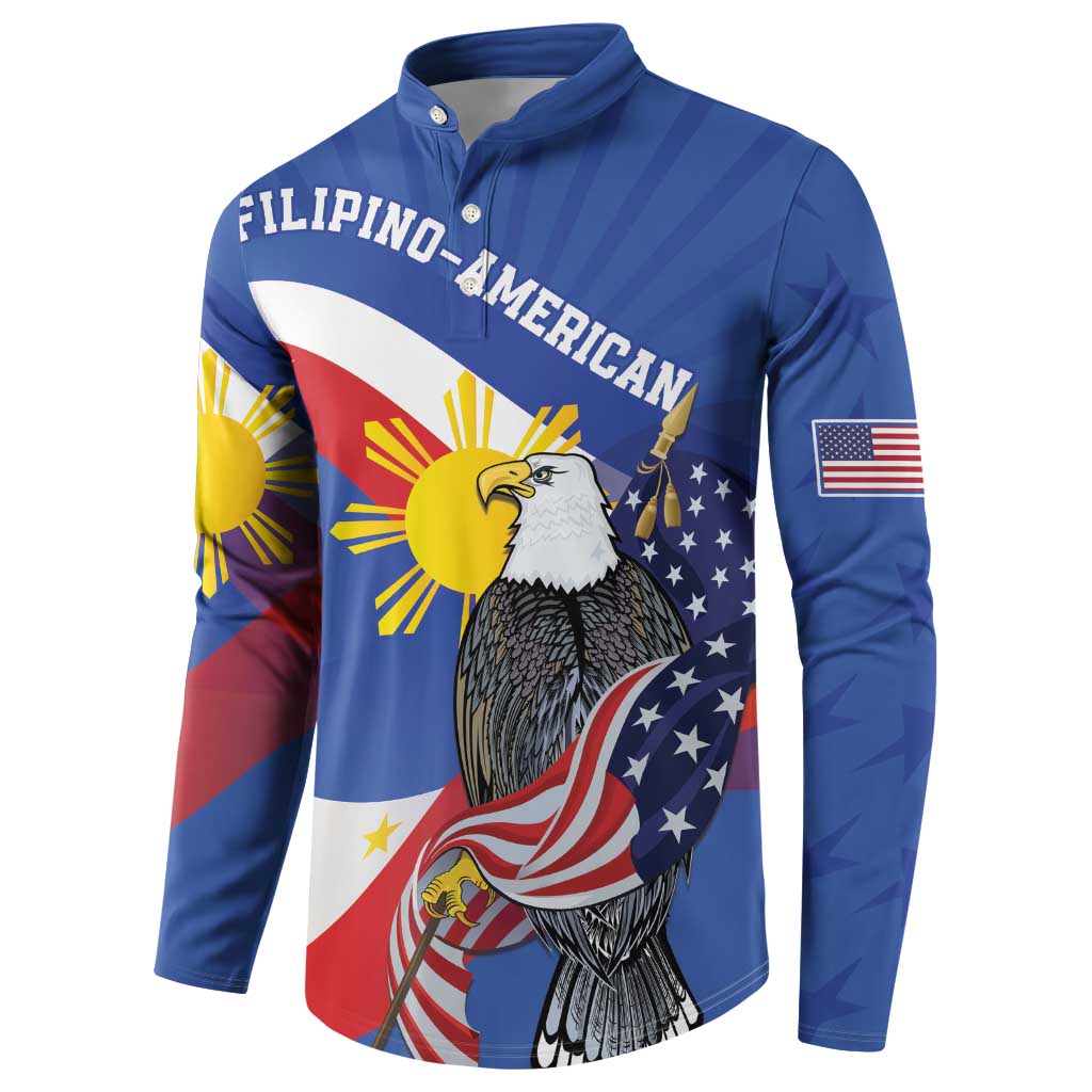 Blue long-sleeve button sweatshirt with Filipino-American eagle graphic and side flag print