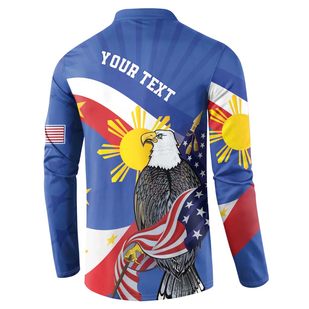 Blue long-sleeve button sweatshirt with back “YOUR TEXT” and large eagle graphic