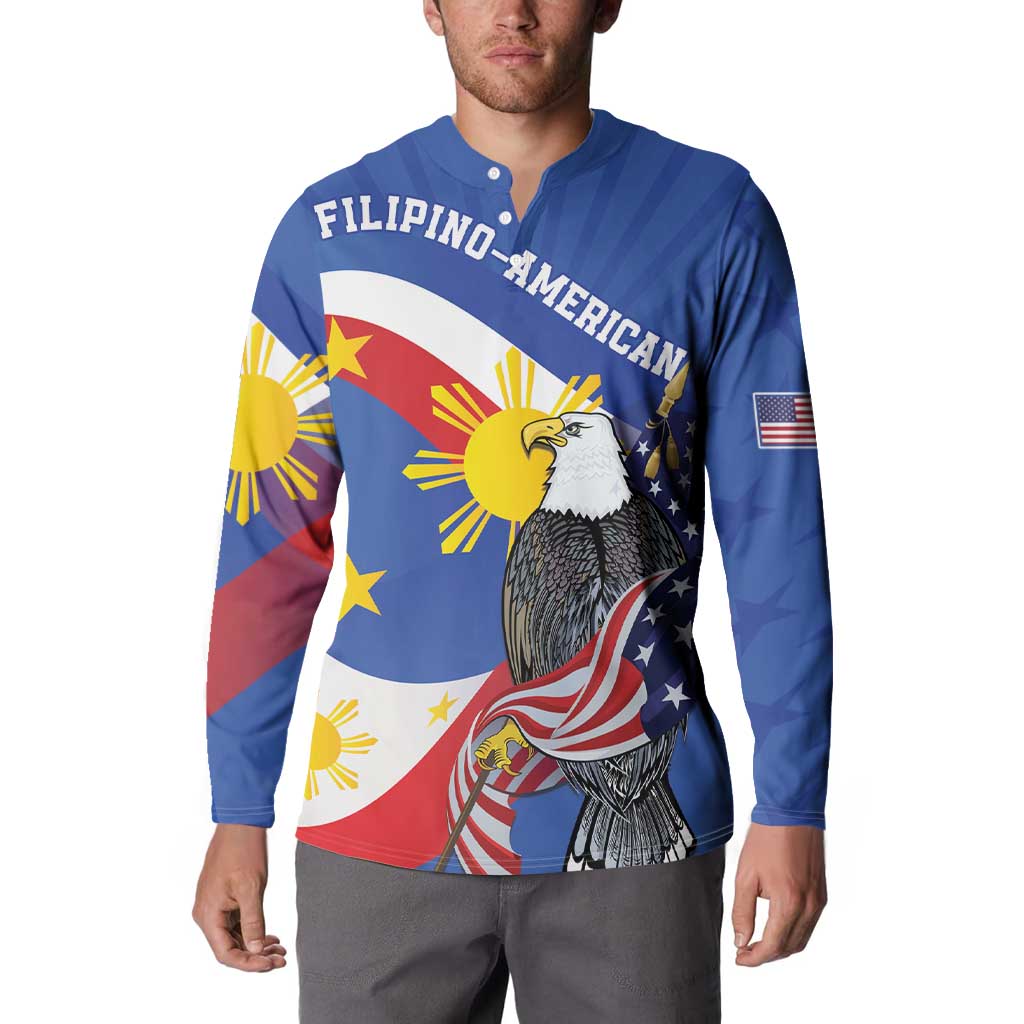 Blue long-sleeve button sweatshirt with eagle graphic and Filipino-American text on chest