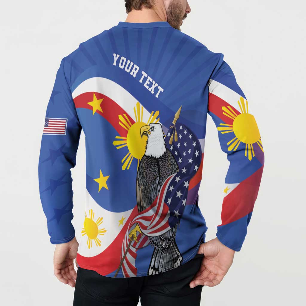 Blue long-sleeve button sweatshirt with back “YOUR TEXT” and eagle flag graphic