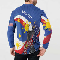 Blue long-sleeve button sweatshirt with back “YOUR TEXT” and eagle flag graphic