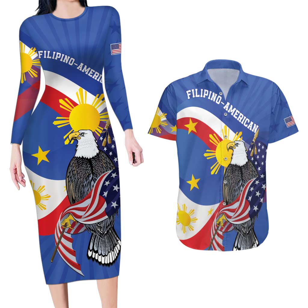 Personalized Filipino-American Couples Matching Long Sleeve Bodycon Dress and Hawaiian Shirt Philippines Coat Of Arms with Bald Eagle LT9 - Wonder Print Shop