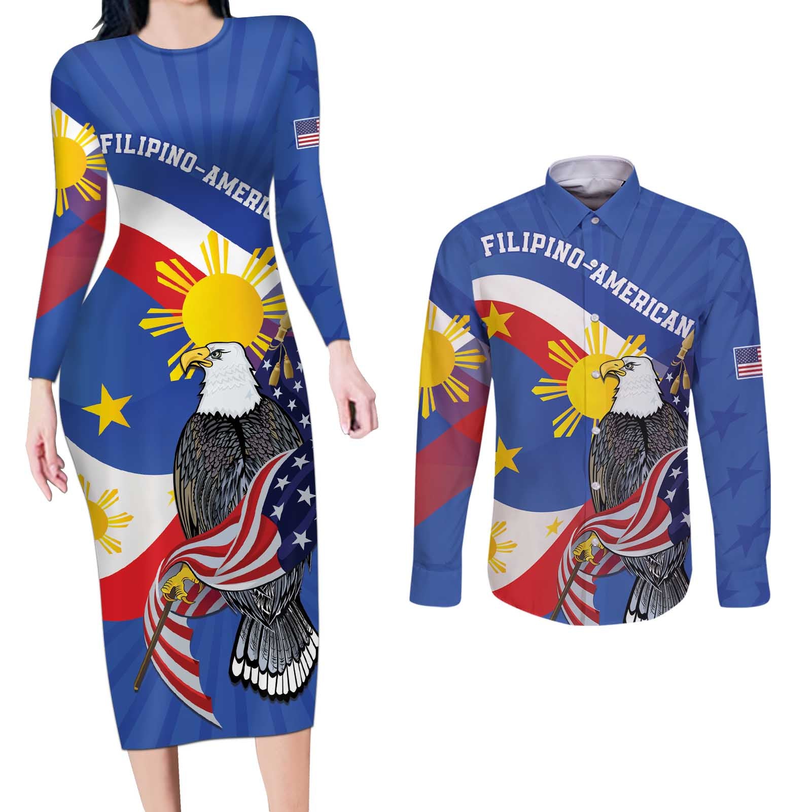 Personalized Filipino-American Couples Matching Long Sleeve Bodycon Dress and Long Sleeve Button Shirt Philippines Coat Of Arms with Bald Eagle LT9 - Wonder Print Shop