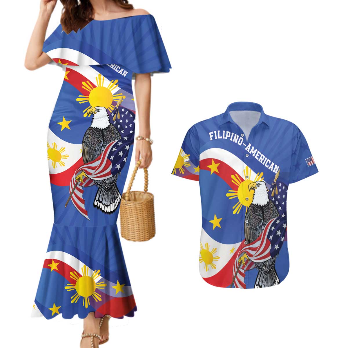 Personalized Filipino-American Couples Matching Mermaid Dress and Hawaiian Shirt Philippines Coat Of Arms with Bald Eagle LT9 - Wonder Print Shop