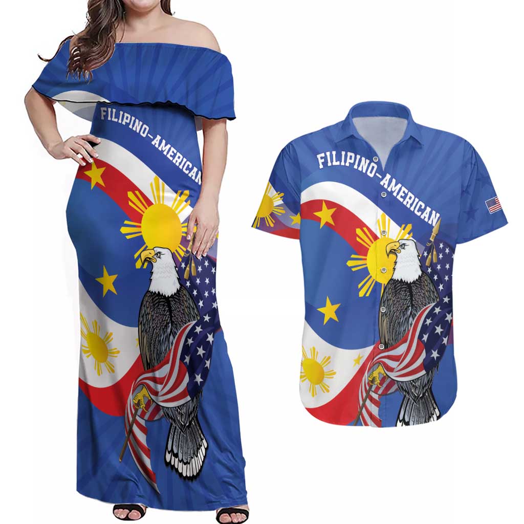 Personalized Filipino-American Couples Matching Off Shoulder Maxi Dress and Hawaiian Shirt Philippines Coat Of Arms with Bald Eagle LT9 - Wonder Print Shop