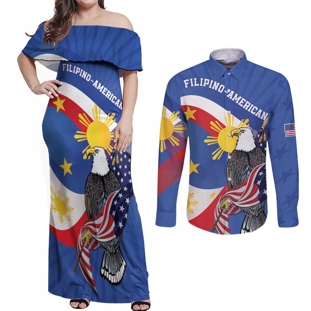 Personalized Filipino-American Couples Matching Off Shoulder Maxi Dress and Long Sleeve Button Shirt Philippines Coat Of Arms with Bald Eagle LT9 - Wonder Print Shop