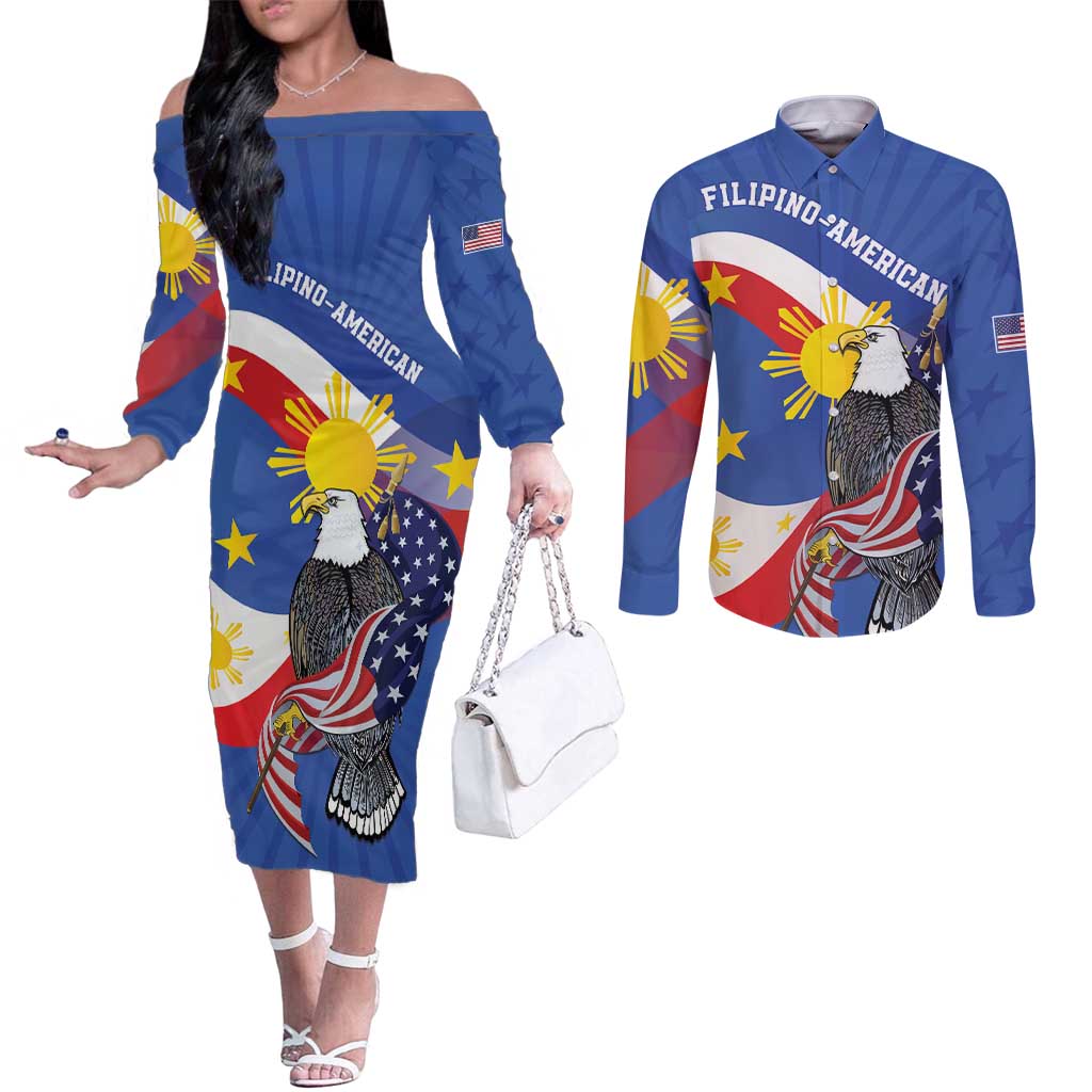 Personalized Filipino-American Couples Matching Off The Shoulder Long Sleeve Dress and Long Sleeve Button Shirt Philippines Coat Of Arms with Bald Eagle