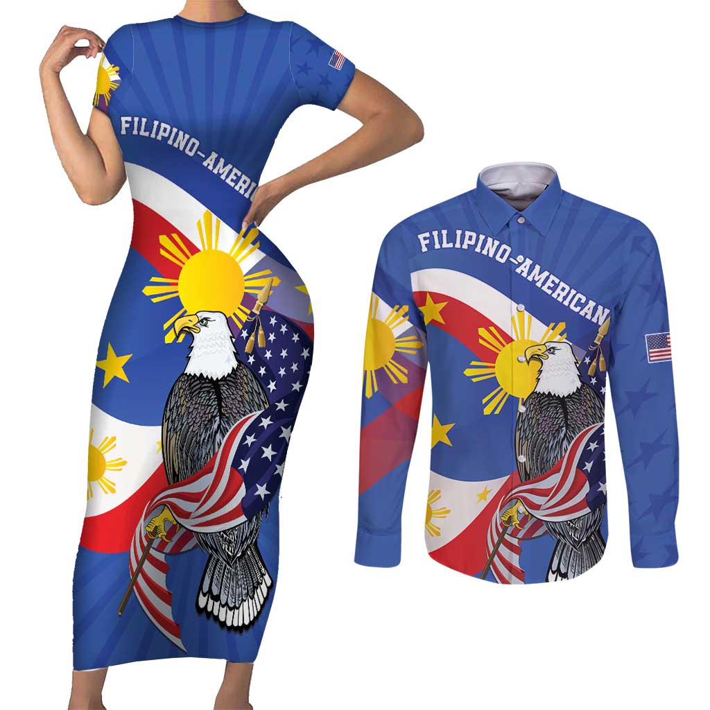 Personalized Filipino-American Couples Matching Short Sleeve Bodycon Dress and Long Sleeve Button Shirt Philippines Coat Of Arms with Bald Eagle LT9 - Wonder Print Shop