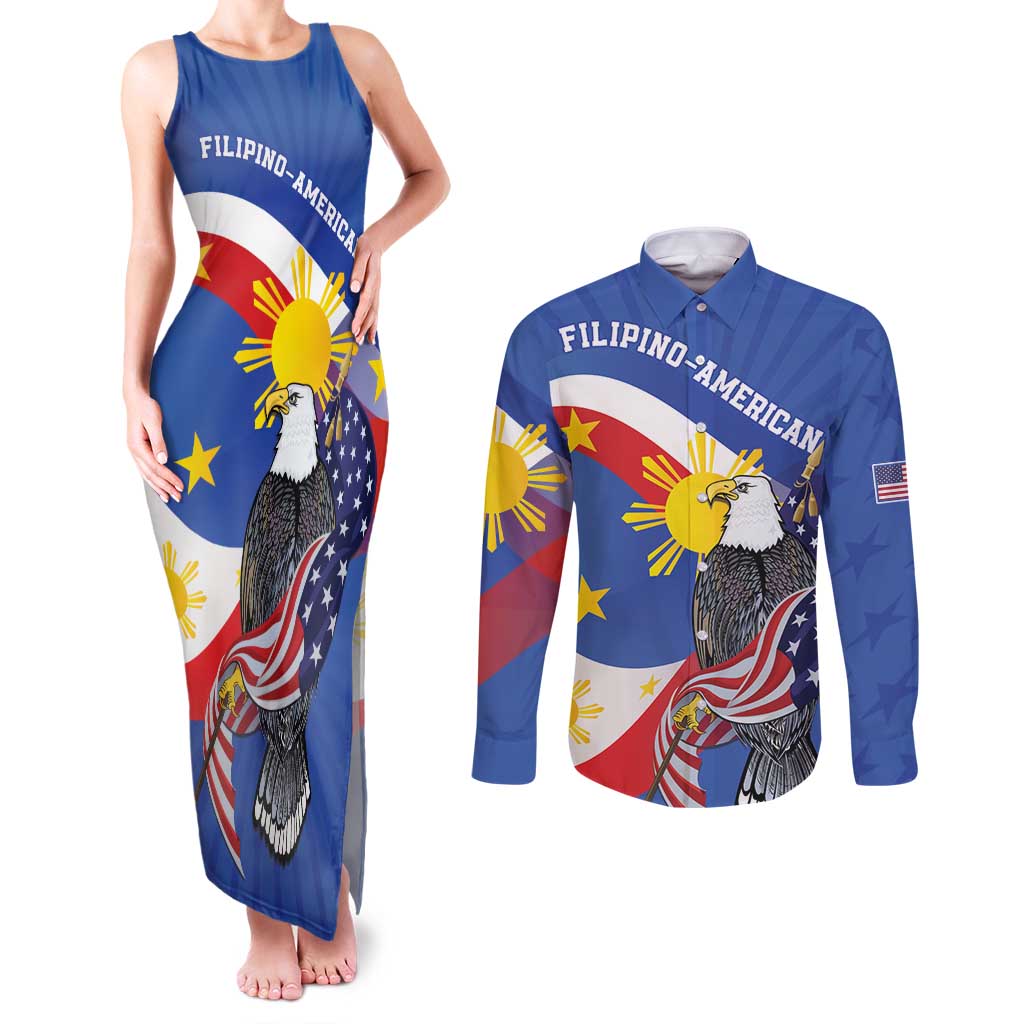 Personalized Filipino-American Couples Matching Tank Maxi Dress and Long Sleeve Button Shirt Philippines Coat Of Arms with Bald Eagle LT9 - Wonder Print Shop