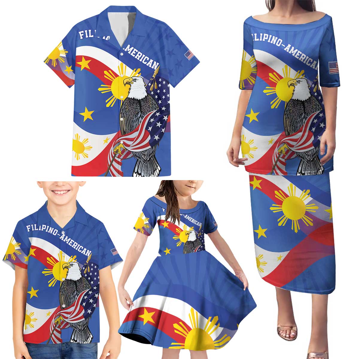 Personalized Filipino-American Family Matching Puletasi and Hawaiian Shirt Philippines Coat Of Arms with Bald Eagle - Wonder Print Shop