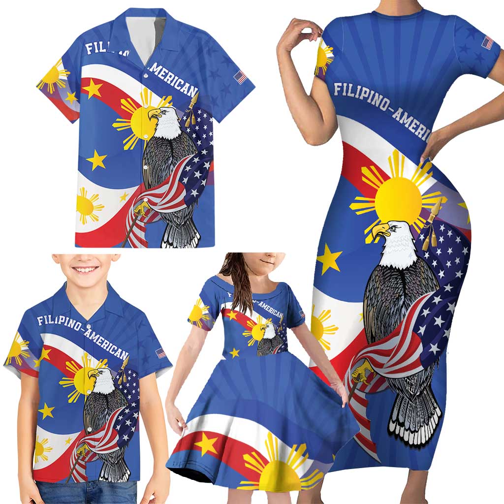 Personalized Filipino-American Family Matching Short Sleeve Bodycon Dress and Hawaiian Shirt Philippines Coat Of Arms with Bald Eagle - Wonder Print Shop