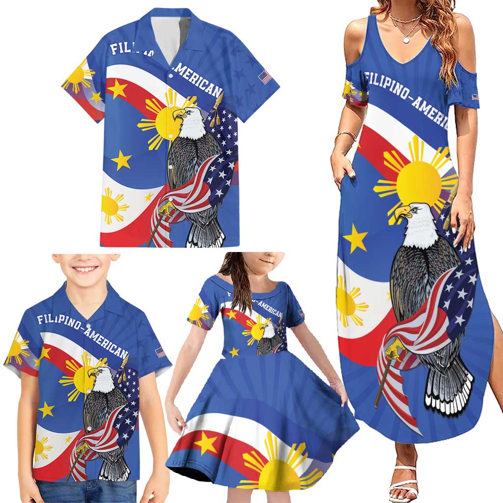 Personalized Filipino-American Family Matching Summer Maxi Dress and Hawaiian Shirt Philippines Coat Of Arms with Bald Eagle - Wonder Print Shop