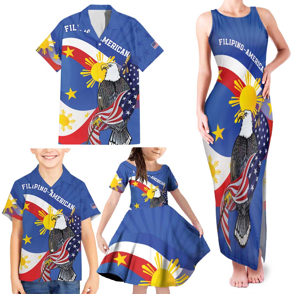 Personalized Filipino-American Family Matching Tank Maxi Dress and Hawaiian Shirt Philippines Coat Of Arms with Bald Eagle - Wonder Print Shop